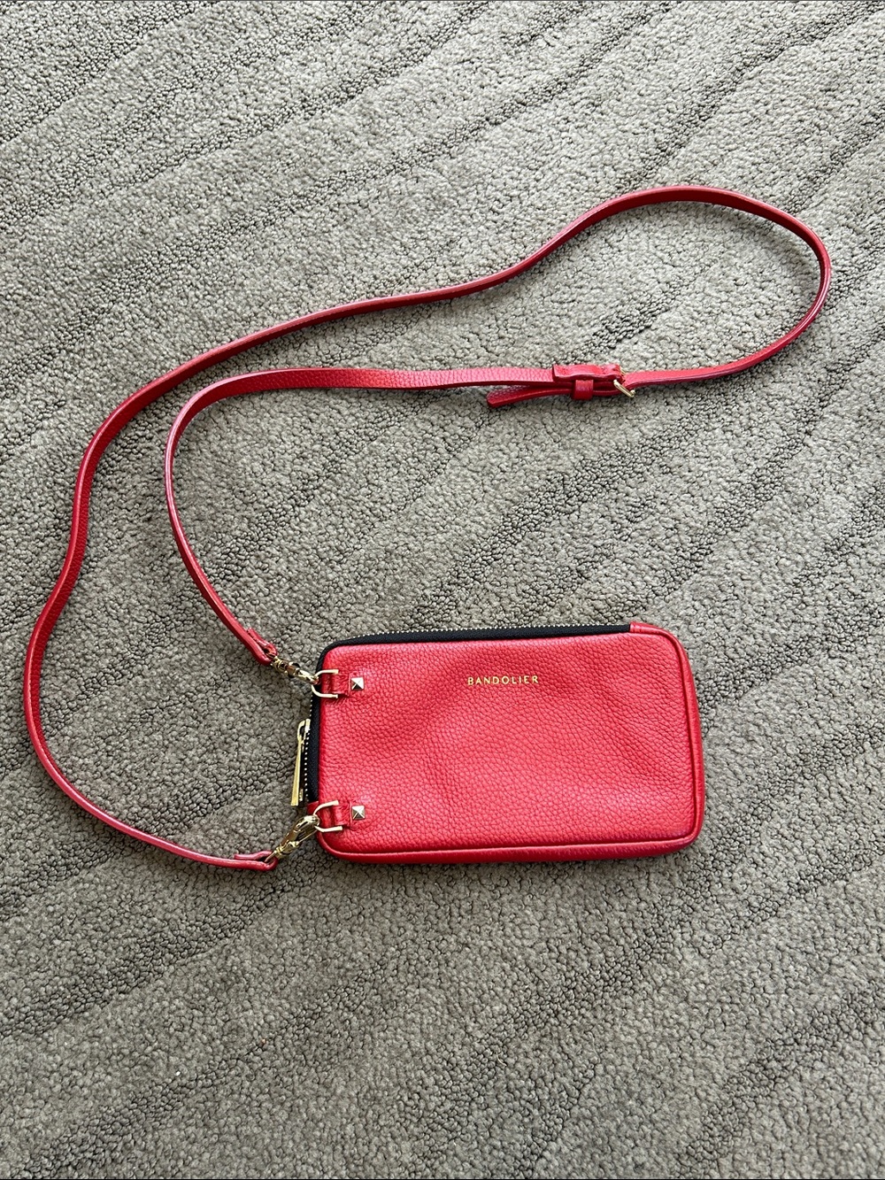 Bandolier Pebbled Leather Red Expanded Leather Crossbody Zip Pouch w/Strap